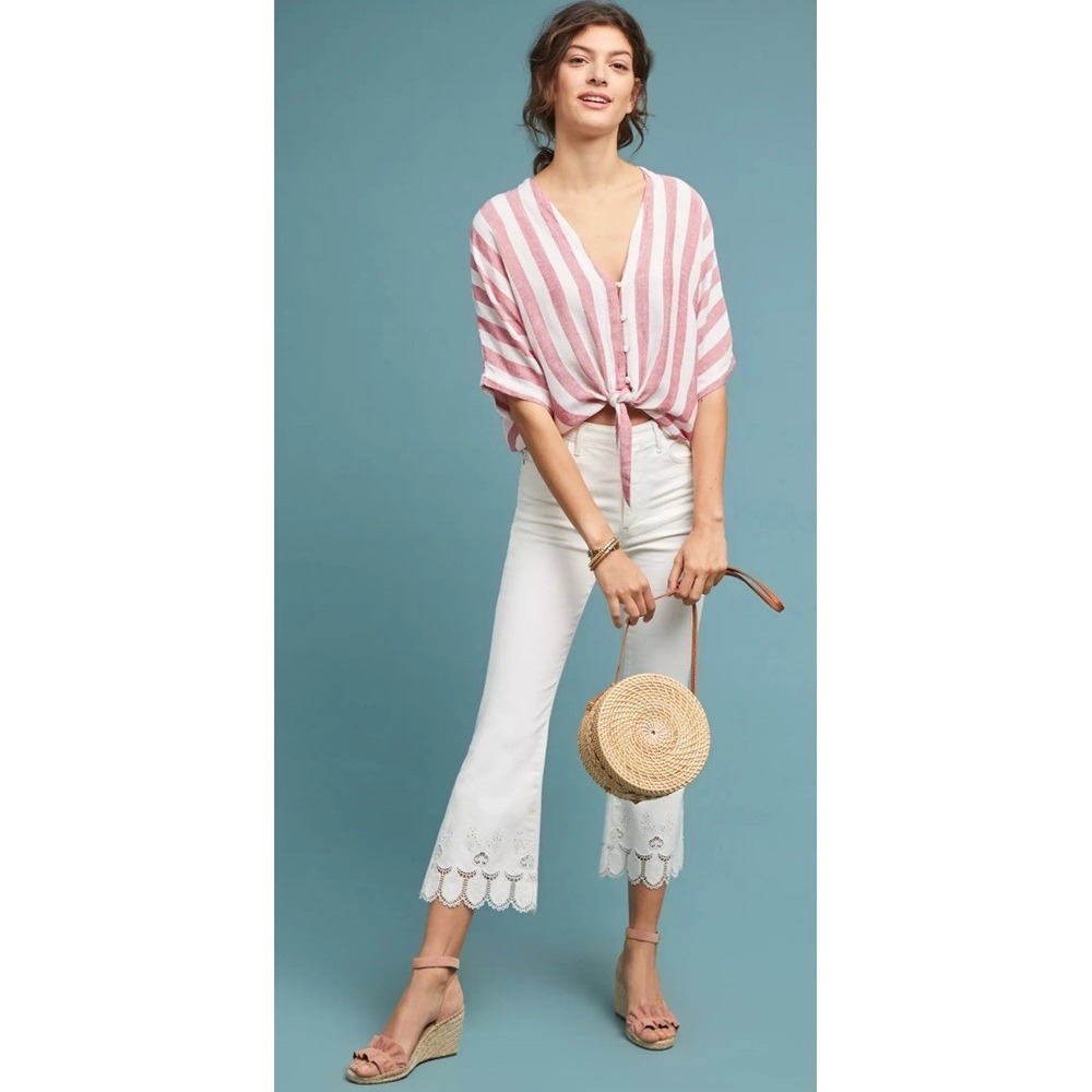 Anthropologie Pilcro Eyelet Lace Embroidered Hem High Rise Crop Flare Jeans Sz31 - Picture 1 of 11